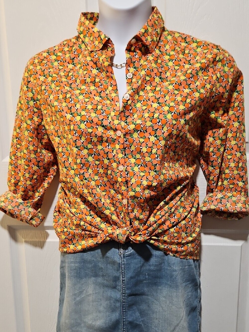 Lands' End Orange Citrus-Print Button Front Blouse